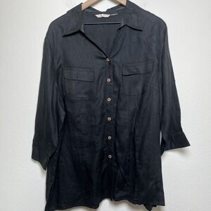 Edward Women 100% Linen Button‎ Front Top 2X Black 3/4 Sleeve Lagenlook Coastal